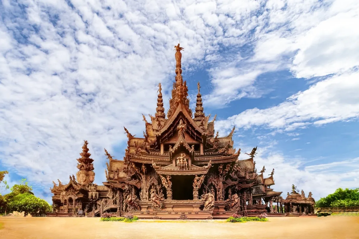 The Sanctuary of Truth is a full-wood building with detailed carvings.